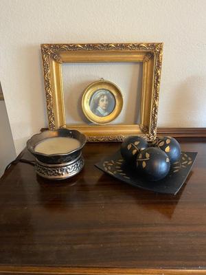 GOLD TONED HOME DECOR, WAX BURNER, ANTIQUE FRAME, CENTER PIECE