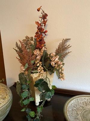 CLAY POT AND MATCHING DISH WITH FAUX FOLIAGE IN METAL TIN