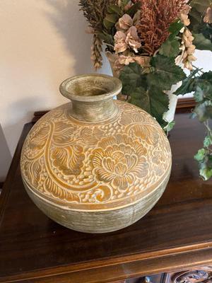 CLAY POT AND MATCHING DISH WITH FAUX FOLIAGE IN METAL TIN