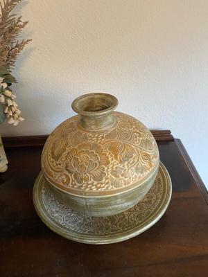 CLAY POT AND MATCHING DISH WITH FAUX FOLIAGE IN METAL TIN