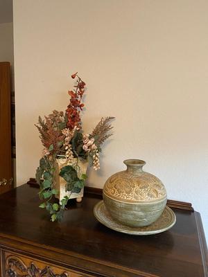 CLAY POT AND MATCHING DISH WITH FAUX FOLIAGE IN METAL TIN