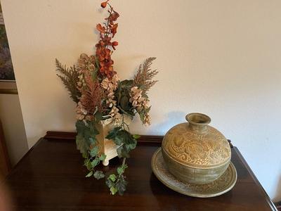 CLAY POT AND MATCHING DISH WITH FAUX FOLIAGE IN METAL TIN