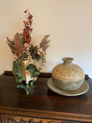 CLAY POT AND MATCHING DISH WITH FAUX FOLIAGE IN METAL TIN