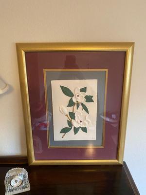 RAISED ART PICTURES, GLASS LAMP AND CLOCK
