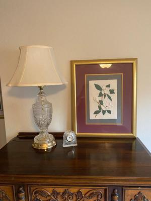RAISED ART PICTURES, GLASS LAMP AND CLOCK