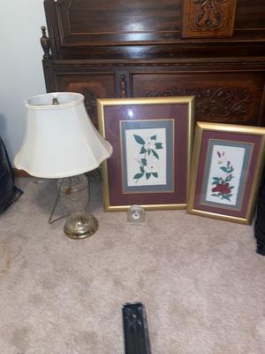 RAISED ART PICTURES, GLASS LAMP AND CLOCK