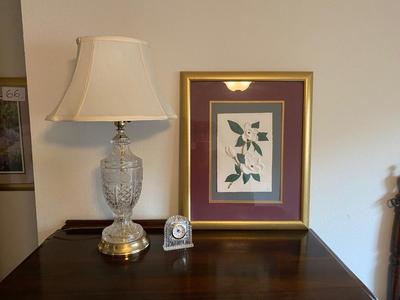 RAISED ART PICTURES, GLASS LAMP AND CLOCK