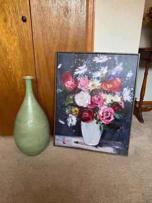 LOVELY TALL GREEN VASE AND FLORAL PAINTING