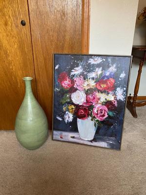 LOVELY TALL GREEN VASE AND FLORAL PAINTING