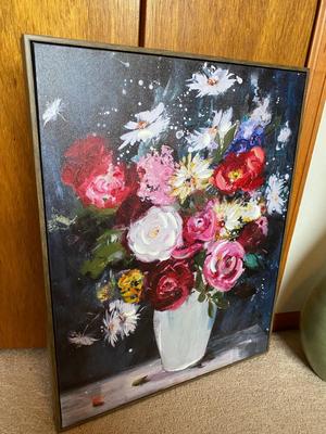 LOVELY TALL GREEN VASE AND FLORAL PAINTING