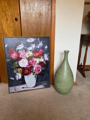LOVELY TALL GREEN VASE AND FLORAL PAINTING
