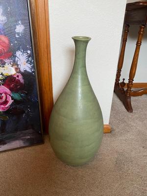 LOVELY TALL GREEN VASE AND FLORAL PAINTING