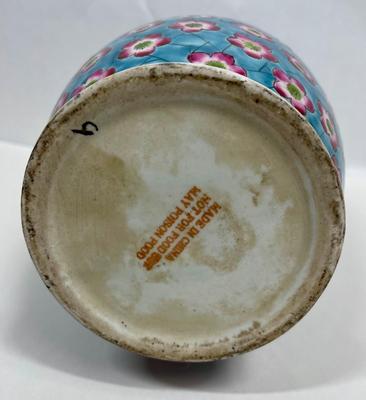 Chinese Porcelain Vase Hand-painted Dark Pink Flowers on Light Blue w Foo Dog Handles, Chinoiserie Decor