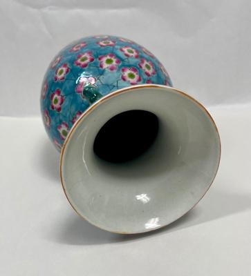 Chinese Porcelain Vase Hand-painted Dark Pink Flowers on Light Blue w Foo Dog Handles, Chinoiserie Decor