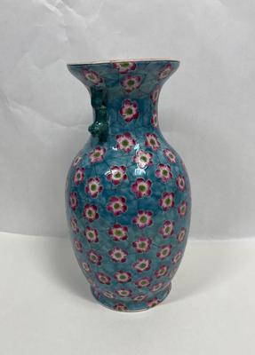 Chinese Porcelain Vase Hand-painted Dark Pink Flowers on Light Blue w Foo Dog Handles, Chinoiserie Decor