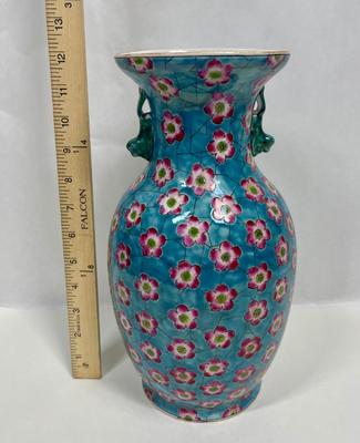 Chinese Porcelain Vase Hand-painted Dark Pink Flowers on Light Blue w Foo Dog Handles, Chinoiserie Decor