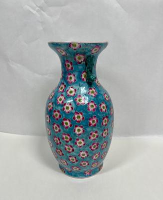 Chinese Porcelain Vase Hand-painted Dark Pink Flowers on Light Blue w Foo Dog Handles, Chinoiserie Decor