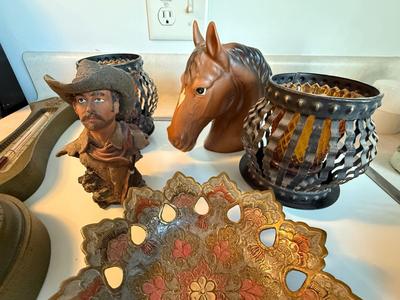 Cowboy, horse, candles, weather thermometer