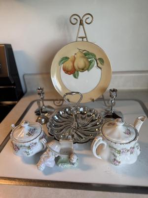Silver candy dish, candle holder, decorative plate, sugar/creamer