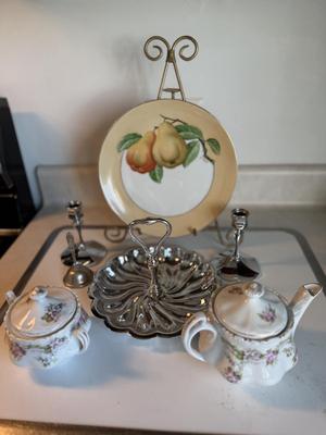 Silver candy dish, candle holder, decorative plate, sugar/creamer
