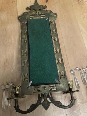 Pair of Antique Gilded Brass ‘Dolphin’ Ornate Mirrors with Candle Holders & Crystals