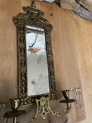 Pair of Antique Gilded Brass ‘Dolphin’ Ornate Mirrors with Candle Holders & Crystals