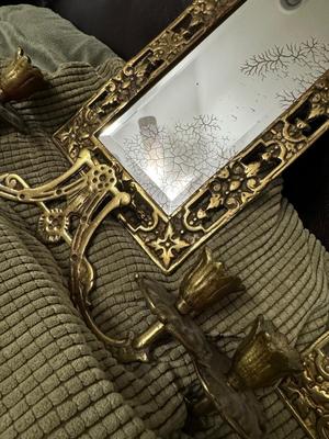 Pair of Antique Gilded Brass ‘Dolphin’ Ornate Mirrors with Candle Holders & Crystals