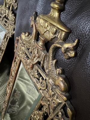 Pair of Antique Gilded Brass ‘Dolphin’ Ornate Mirrors with Candle Holders & Crystals