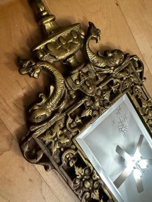 Pair of Antique Gilded Brass ‘Dolphin’ Ornate Mirrors with Candle Holders & Crystals