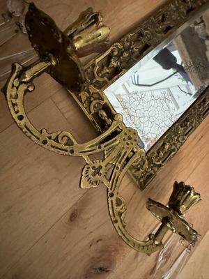Pair of Antique Gilded Brass ‘Dolphin’ Ornate Mirrors with Candle Holders & Crystals