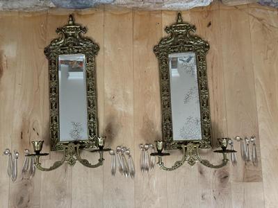 Pair of Antique Gilded Brass ‘Dolphin’ Ornate Mirrors with Candle Holders & Crystals