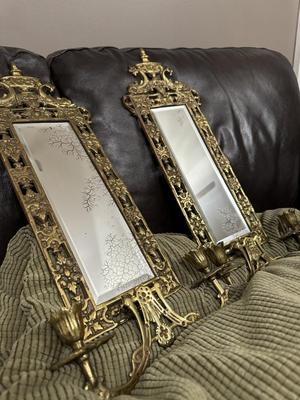 Pair of Antique Gilded Brass ‘Dolphin’ Ornate Mirrors with Candle Holders & Crystals