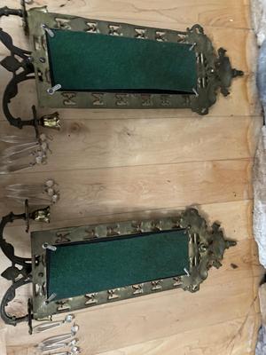 Pair of Antique Gilded Brass ‘Dolphin’ Ornate Mirrors with Candle Holders & Crystals