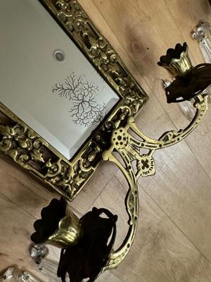 Pair of Antique Gilded Brass ‘Dolphin’ Ornate Mirrors with Candle Holders & Crystals