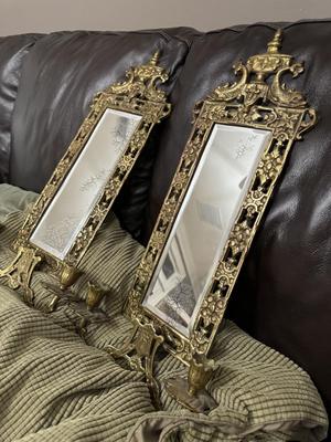 Pair of Antique Gilded Brass ‘Dolphin’ Ornate Mirrors with Candle Holders & Crystals