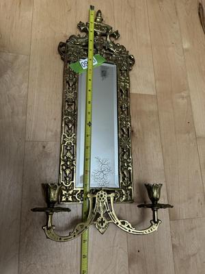Pair of Antique Gilded Brass ‘Dolphin’ Ornate Mirrors with Candle Holders & Crystals