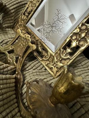 Pair of Antique Gilded Brass ‘Dolphin’ Ornate Mirrors with Candle Holders & Crystals