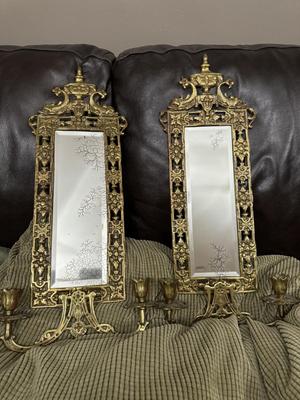 Pair of Antique Gilded Brass ‘Dolphin’ Ornate Mirrors with Candle Holders & Crystals
