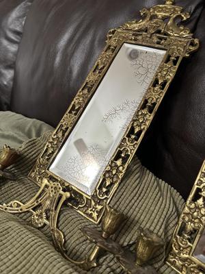 Pair of Antique Gilded Brass ‘Dolphin’ Ornate Mirrors with Candle Holders & Crystals