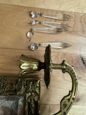 Pair of Antique Gilded Brass ‘Dolphin’ Ornate Mirrors with Candle Holders & Crystals