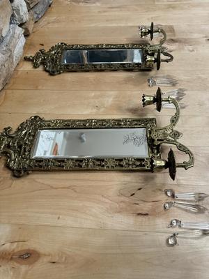 Pair of Antique Gilded Brass ‘Dolphin’ Ornate Mirrors with Candle Holders & Crystals