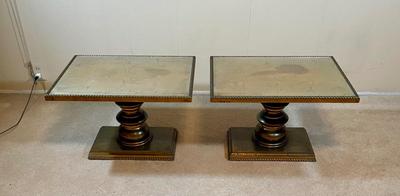 Mid Century Vintage Giltwood Pedestal Side Tables with Gallery Glass Top