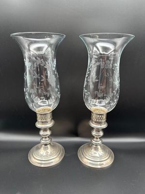 Set of 2 Vintage Sterling Silver Hurricane Glass Shade Candle Holders