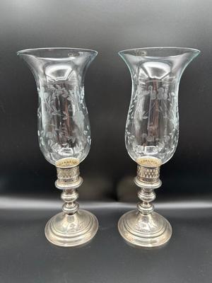 Set of 2 Vintage Sterling Silver Hurricane Glass Shade Candle Holders