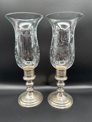 Set of 2 Vintage Sterling Silver Hurricane Glass Shade Candle Holders