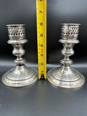 Set of 2 Vintage Sterling Silver Hurricane Glass Shade Candle Holders