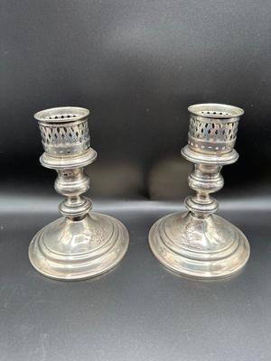 Set of 2 Vintage Sterling Silver Hurricane Glass Shade Candle Holders