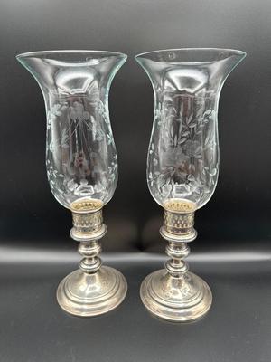 Set of 2 Vintage Sterling Silver Hurricane Glass Shade Candle Holders