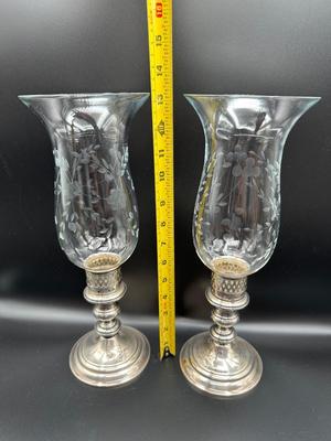 Set of 2 Vintage Sterling Silver Hurricane Glass Shade Candle Holders