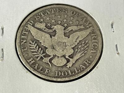 1904-O CIRCULATED CONDITION BARBER SILVER HALF DOLLAR AS PICTURED.